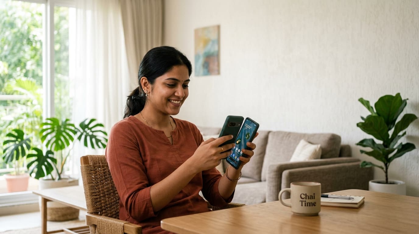 Person holding Android smartphone safely in a realistic Indian environment